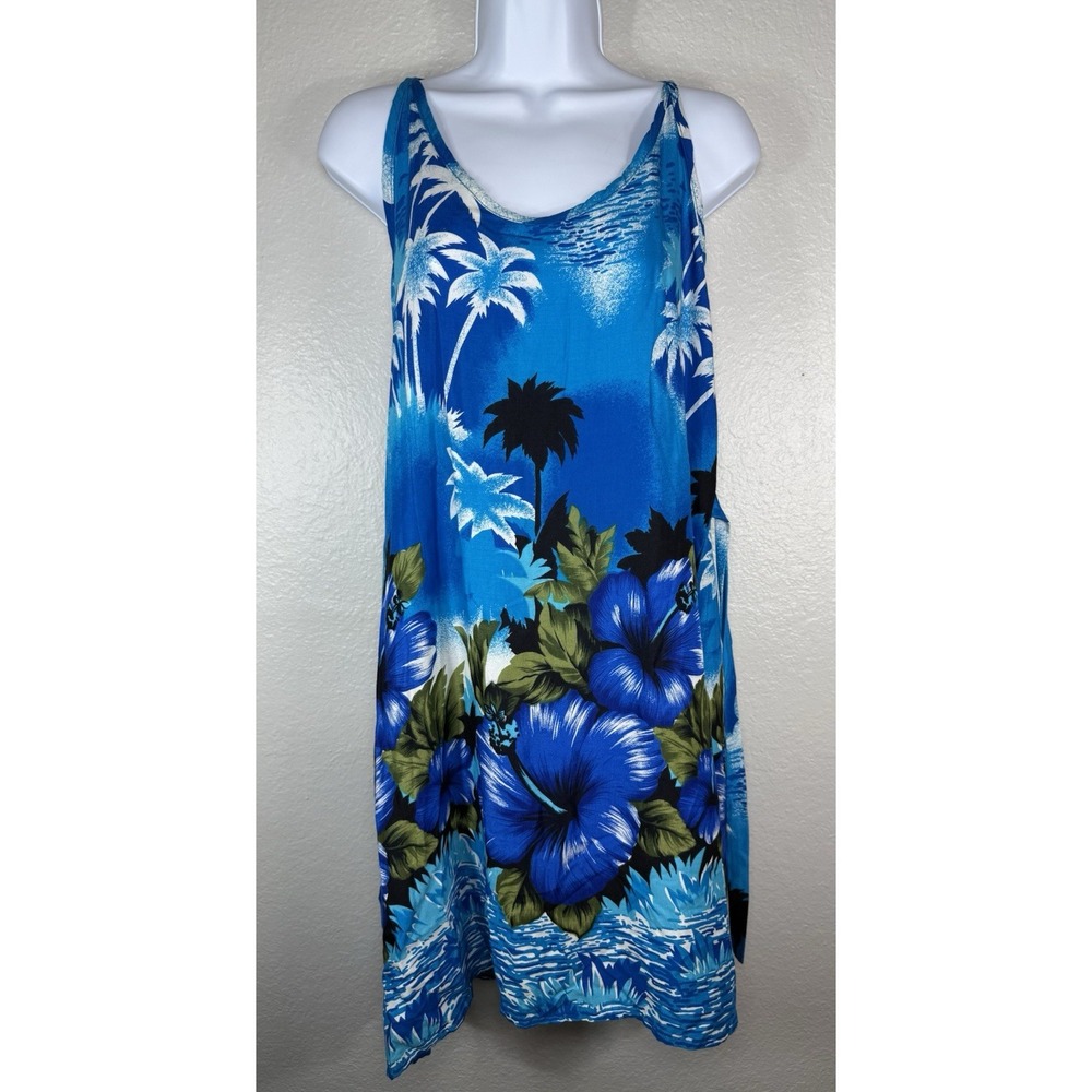 Women's Blue hibiscus Hawaiian tank dress Size XL Tropical Vacation resort-wear